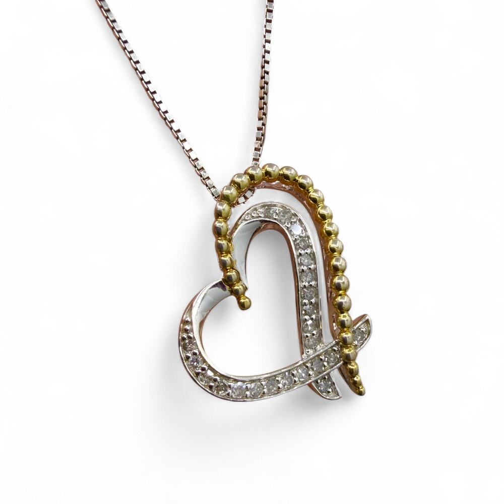 Diamond Heart Love Pendant Necklace 925 Sterling Silver Yellow Gold Accents
